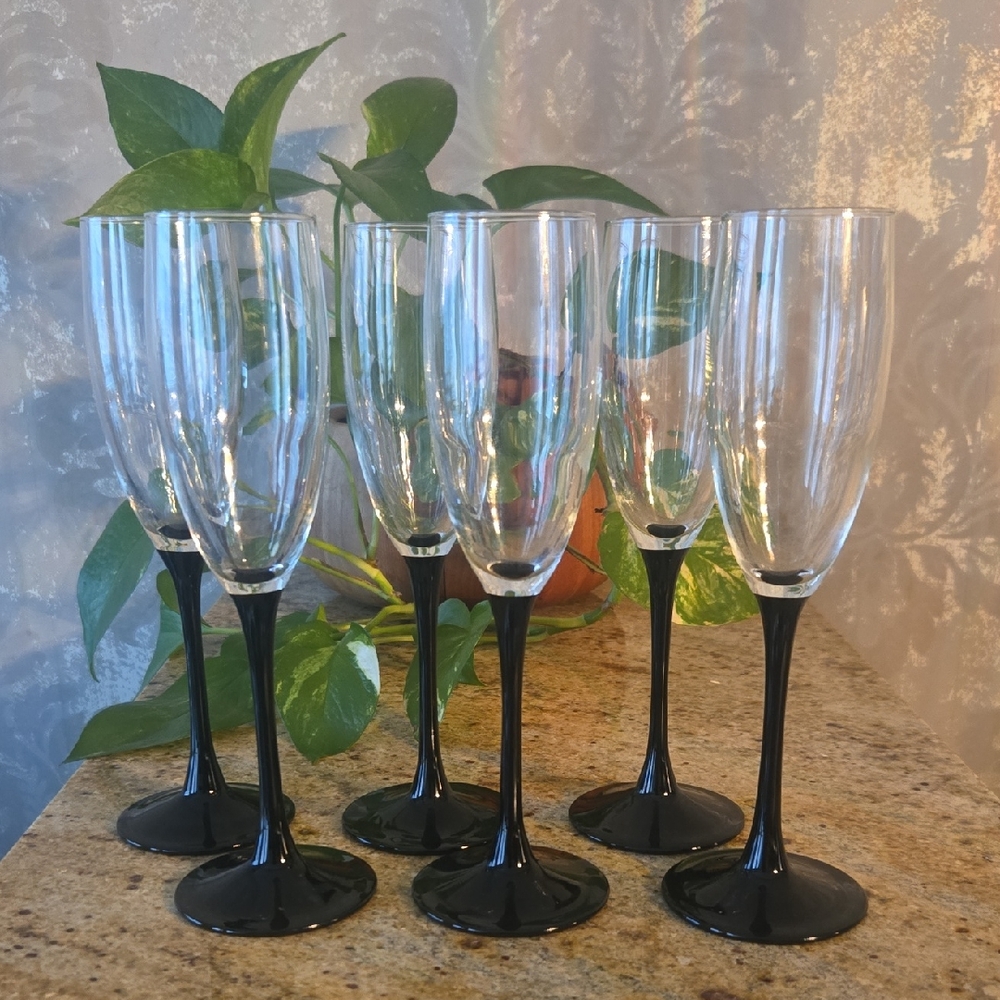 Vintage France Black Stem Champagne Flutes Set